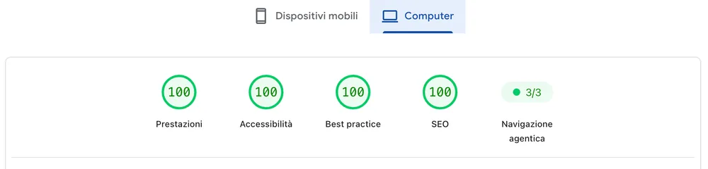 PageSpeed Insights su computer per michelemartinelli.com: 100 su 100 in Prestazioni, Accessibilità, Best practice e SEO.
