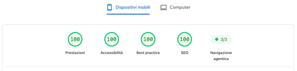 PageSpeed Insights su dispositivi mobili per michelemartinelli.com: 100 su 100 in Prestazioni, Accessibilità, Best practice e SEO.